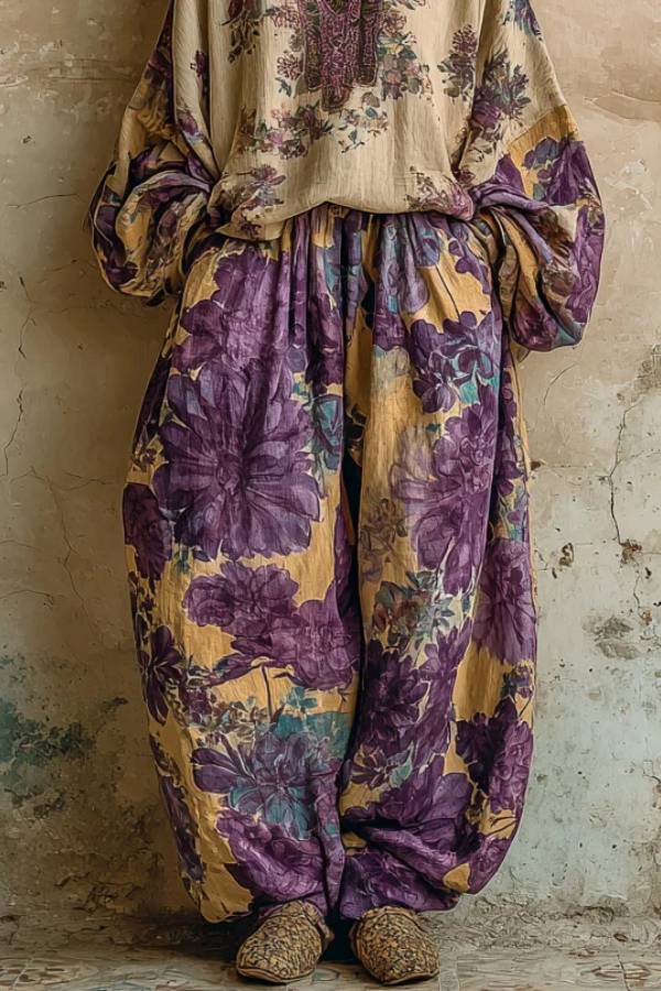 Bohemian Floral Print Loose V-neck Top And Wide-leg Pants Set