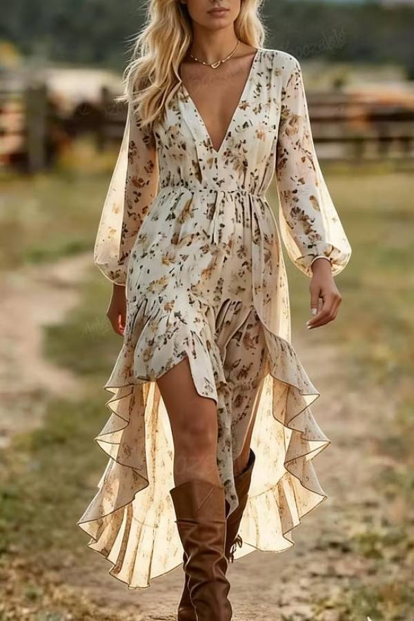 Bohemian V-Neck Irregular Hem Printed Long-Sleeved Dress