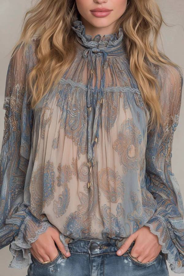 Vintage Paisley Print Lace Trim High-Neck Chiffon Blouse