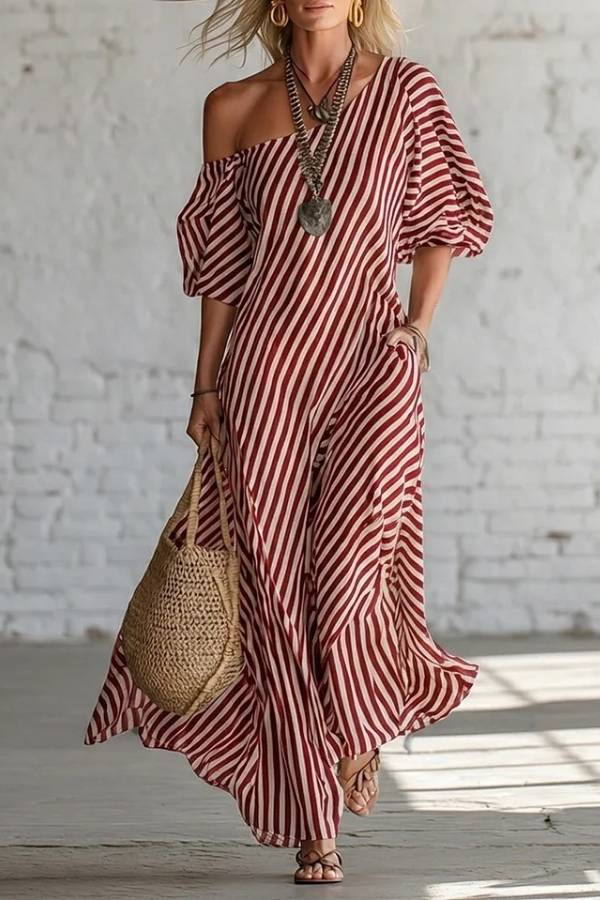 Asymmetric One-Shoulder Striped Maxi Dress