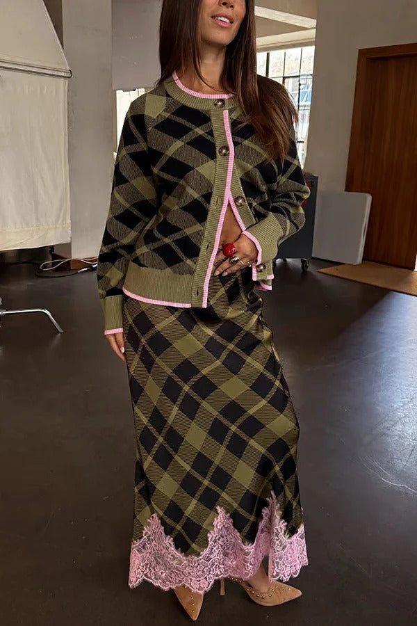 Holiday plaid Satin Unique Print Patchwork Lace Stretch Waist Draped Maxi Skirt