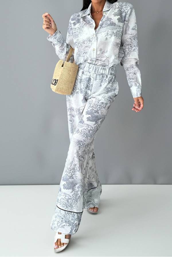 Retro Print Shirt Collar Long Sleeve Wide-Leg Pants Two-Piece Set