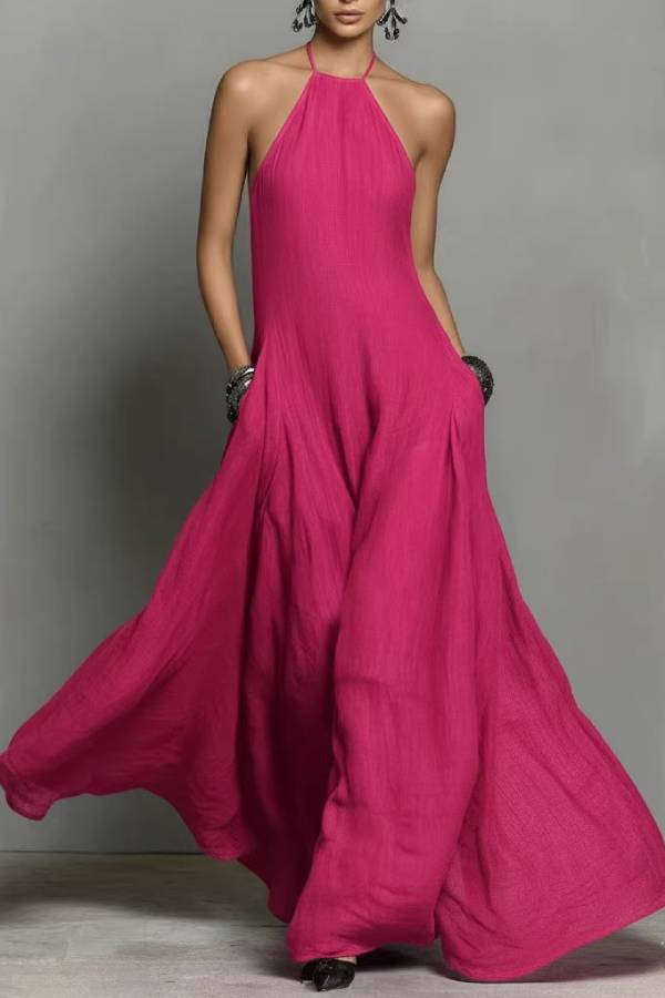 Multi-Color Halter Open-Back Textured Maxi Dress