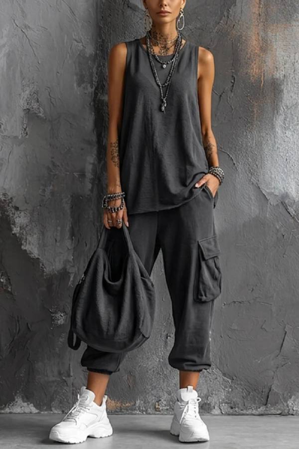 Casual Sleeveless Tank Top & Jogger Cargo Pants Set