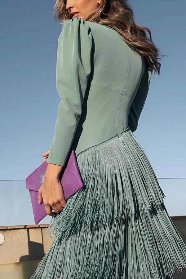 French V-neck long-sleeved tassel evening gown