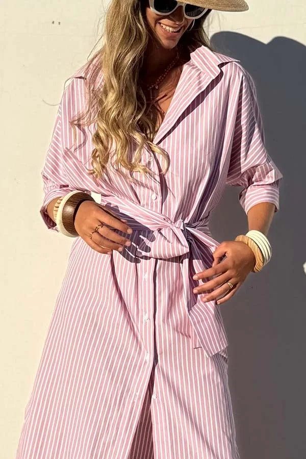 All-match Striped Button Up Half Sleeve Belted Pocket Shirt Midi Dress
