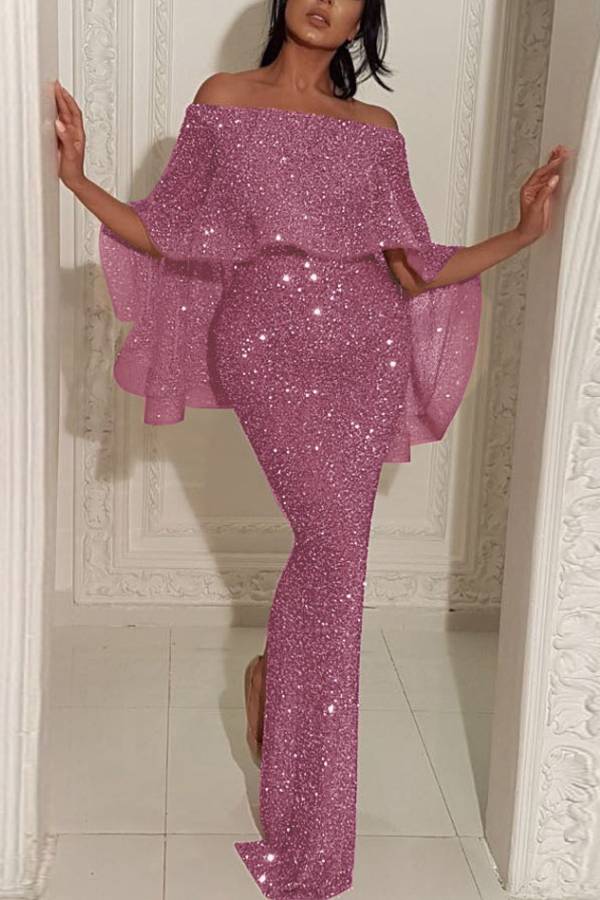 One-shoulder hip-wrapped slit evening dress