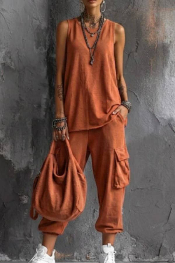 Casual Sleeveless Tank Top & Jogger Cargo Pants Set