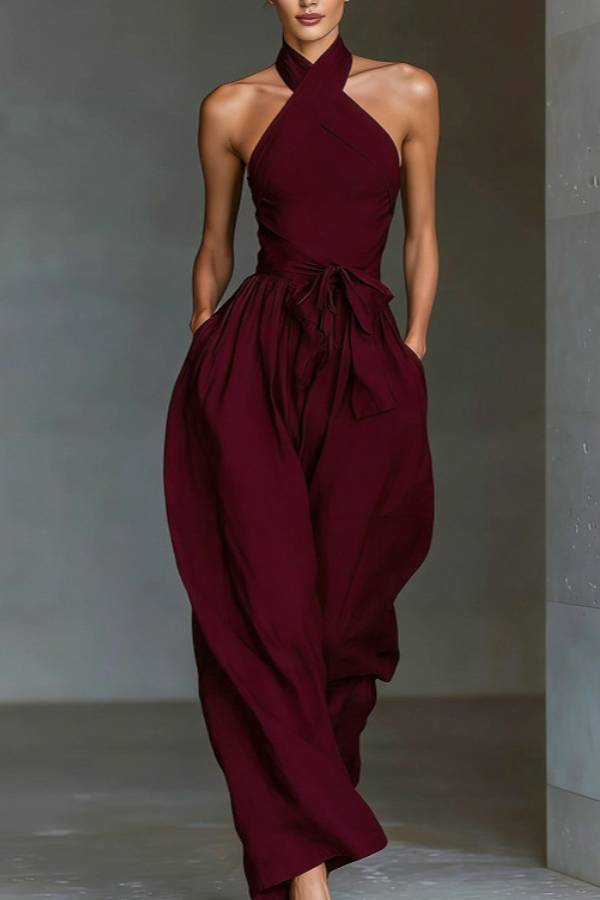 Halter Cross-Tie Waisted Wide-Leg Jumpsuit