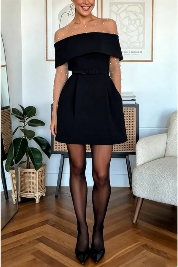 Long Sleeves Sheer Mesh Pearl Bodysuit