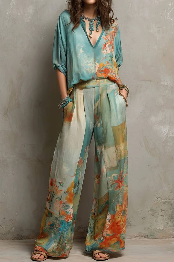Watercolor Floral Print V-Neck Blouse & High-Waisted Wide-Leg Pants Set
