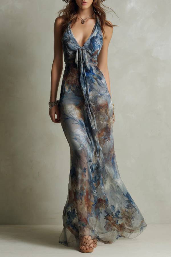 Watercolor Floral Halter Tie-Front Mermaid Maxi Dress