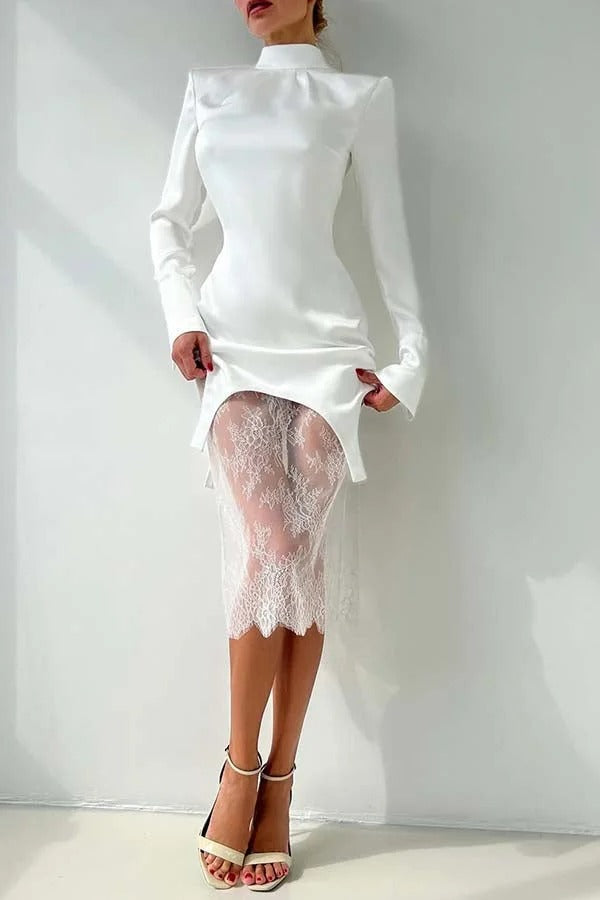 Melissa Satin High Neck Long Sleeve Curved Hem Top and Lace Midi Skirt Set
