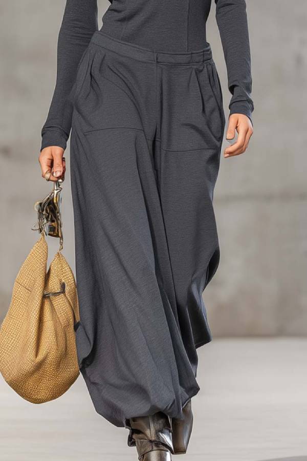 Dark Gray Half-high Collar Zipper Top + Wide Pants Set