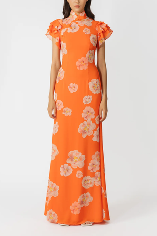Cheongsam Style Peony Flower Print Multi-layered Trumpet Sleeve Stretch Maxi Dress