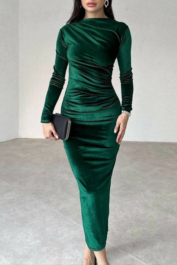 Velvet pleated fitted long-sleeved bodycon dress
