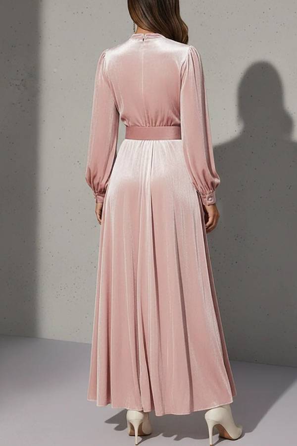 Elegant Light Pink V-Neck Velvet Maxi Dress