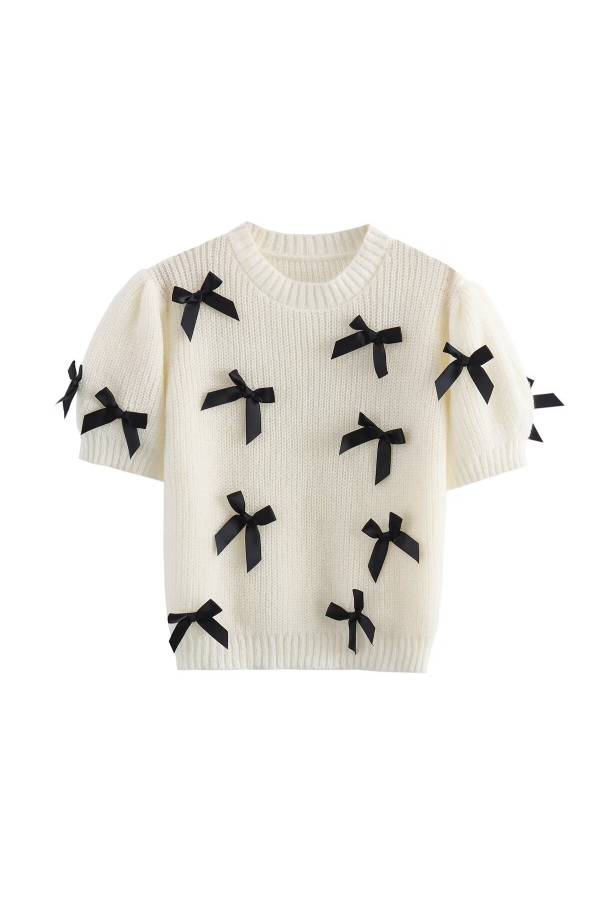 Round neck puff sleeve bow-decorated knitted sweater