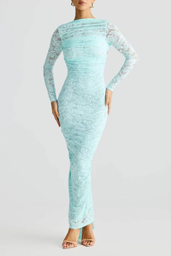 Lace pleated open back slim long dress