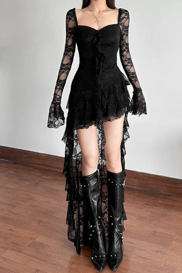 Gothic style lace square neck irregular long skirt