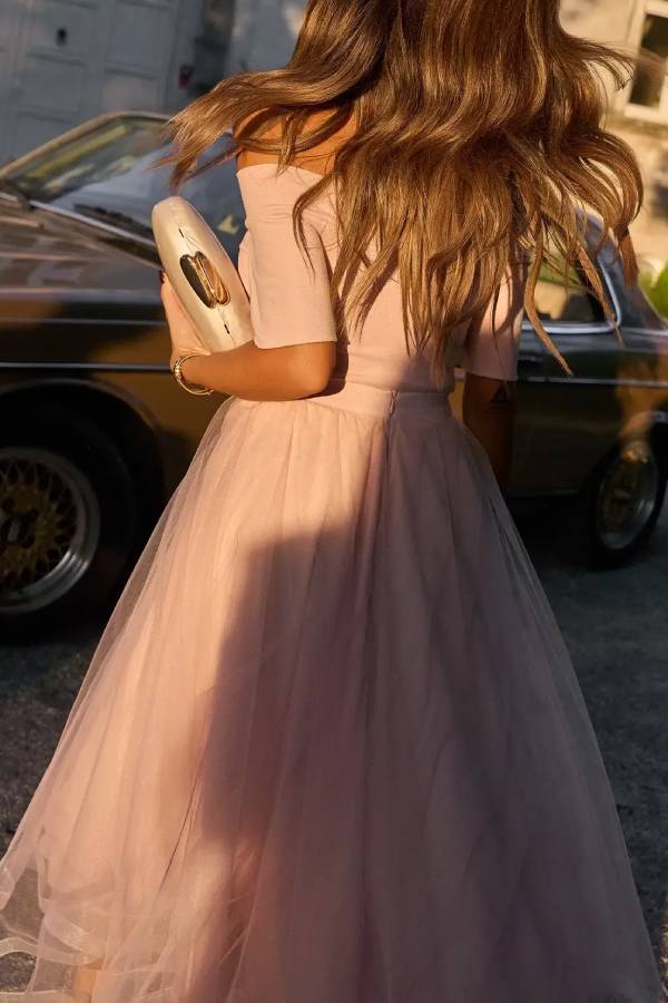 Talita Knit Off Shoulder Stretch Top and Tulle Elastic Waist A-line Midi Skirt Set