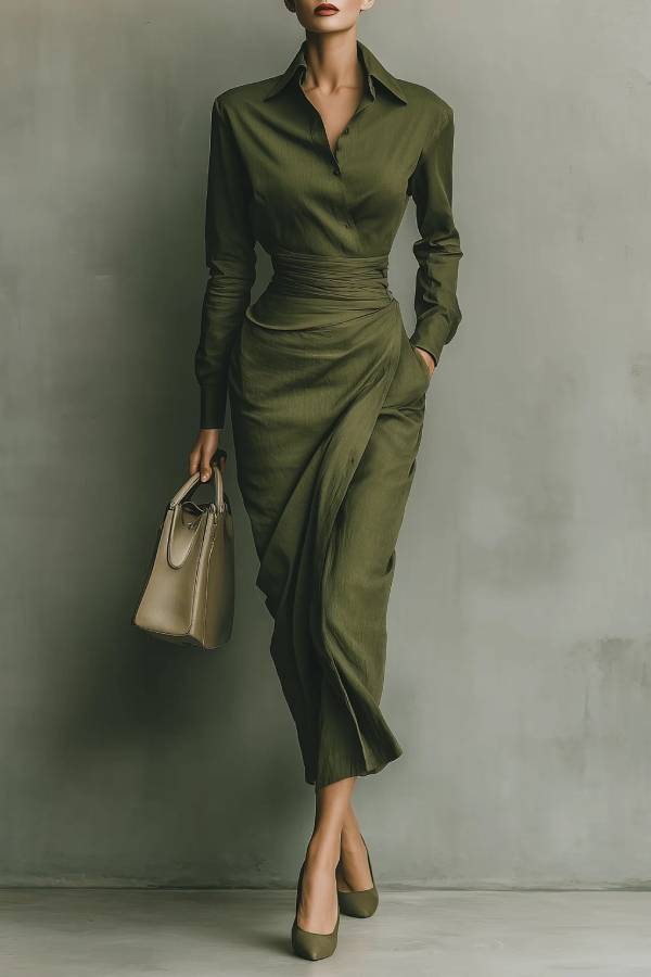 Army Green Cotton Blended Maxi Dress