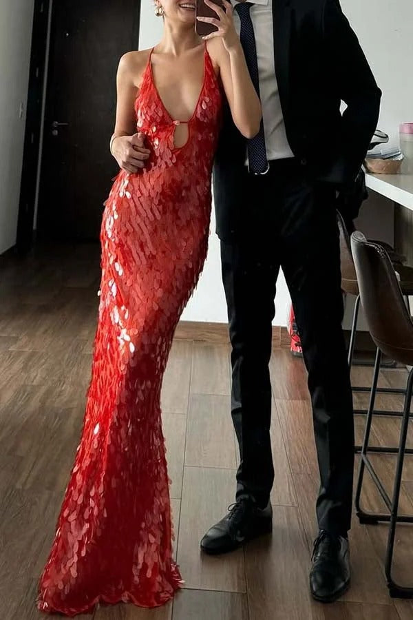 Reshape Beauty Fish Scale Sequin Cutout U-neck Slip Maxi Dress