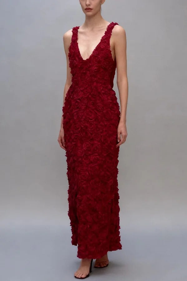 Three-dimensional Flower Sexy V-neck Slim Maxi Dress