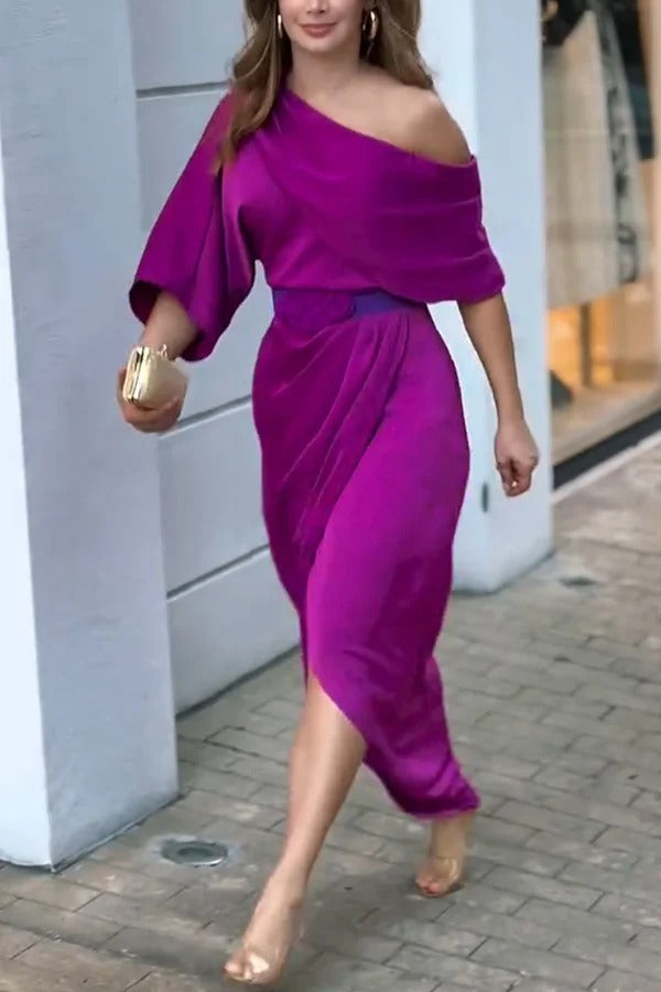 Whispered Yes Satin Irregular Lapel Neckline Design Ruched Maxi Dress