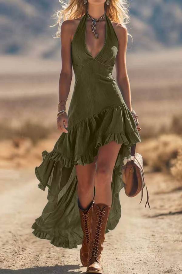 Boho Halter Deep-V Irregular Ruffle High-Low Maxi Dress