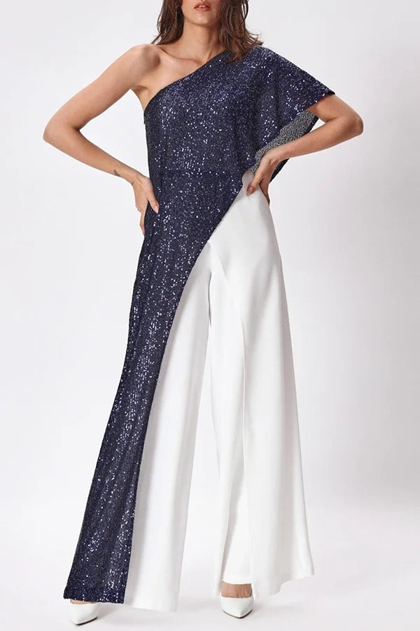 Party Favors Sequin One Shoulder Ruffle Detail Wide Leg Evening Jumpsuit