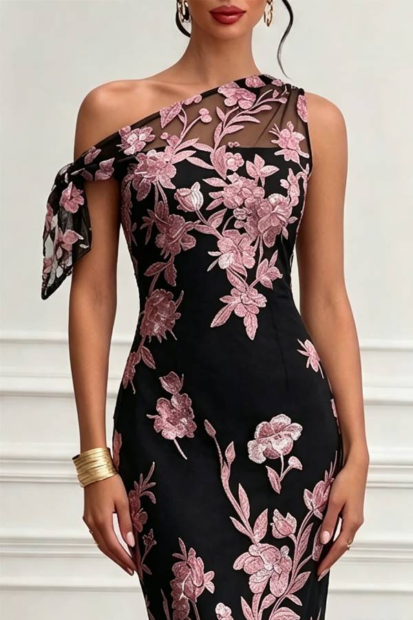 Kylen Floral Embroidery Bow Lace One Shoulder Sleeveless Sheath Maxi Dress