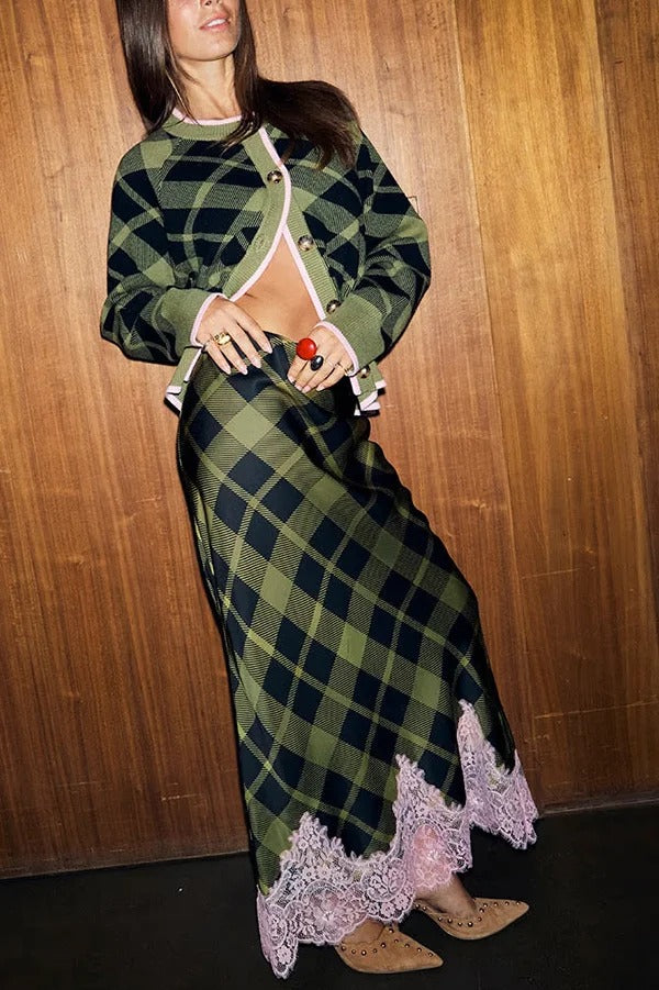 Holiday Plaid Knit Color-blocked Trim Button Long-sleeved Loose Cardigan