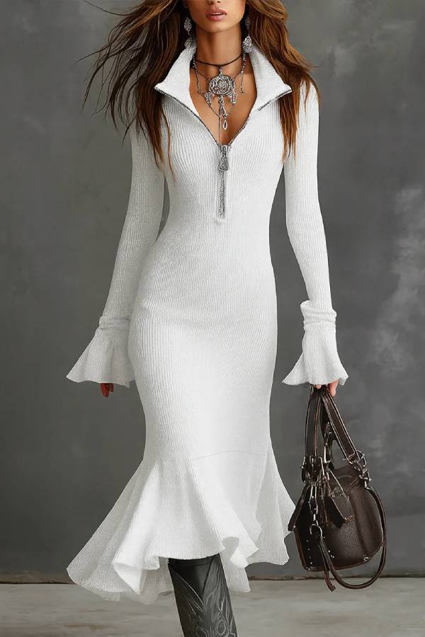 Stand collar half-zip knitted fishtail dress