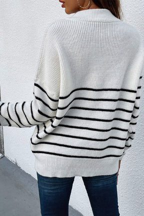 Women’s Crew Neck Button Raglan Sleeves Striped Sweater