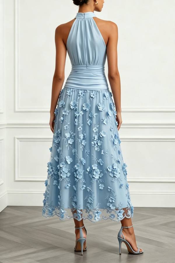 Purplish Blue 3D Floral Appliqué Lace Halter Neck Sleeveless A-Line Maxi Dress