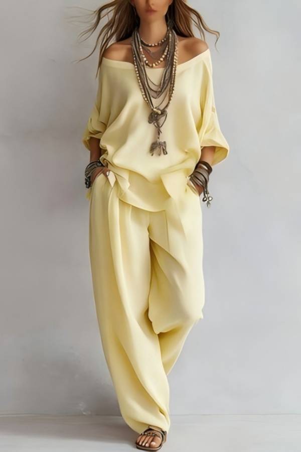 Off-Shoulder Loose Top + Elastic Waist Harem Pants Set