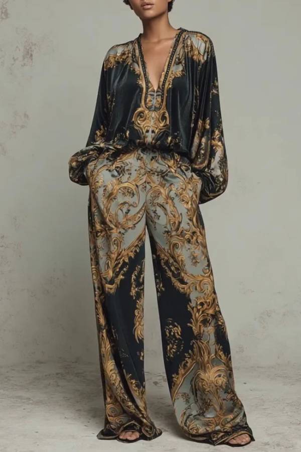 Baroque Ornate Floral Print Top And Wide-leg Trousers Casual Suit