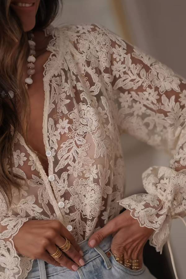 Lace V-neck Bell Sleeve Sheer Shirt
