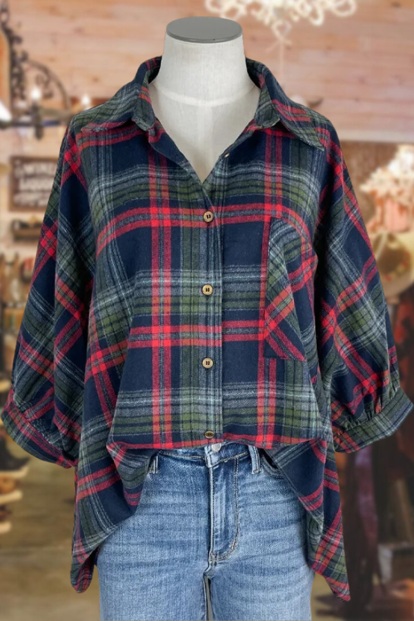 Plaid Print Bubble Sleeve Collared Blouse