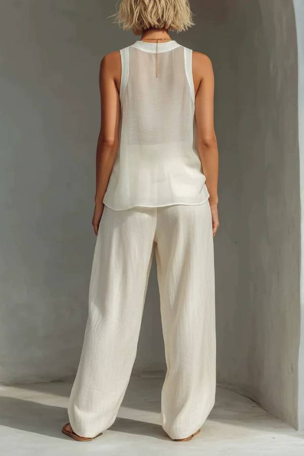 Crew Neck Sleeveless A-Line Top + Elastic Waist Wide-Leg Pants Set