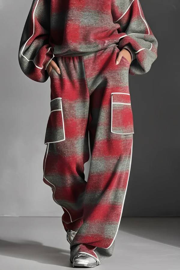 Red and Gray Plaid Color-blocked Sweatshirt and Casual Pants Two-piece set