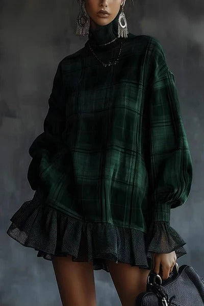 Plaid Print High-Neck Long-Sleeve Loose Ruffle Mini Dress
