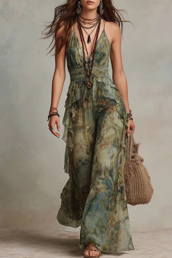 Bohemian Watercolor Print Ruffled Maxi Dress