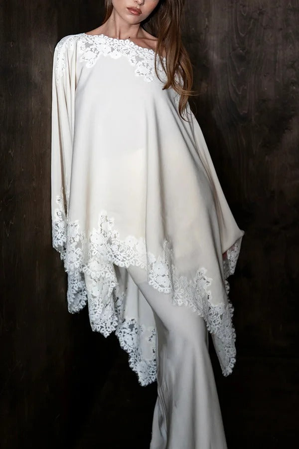 Like A Swan Satin Lace Trim Off Shoulder Wide Sleeve Cape Top