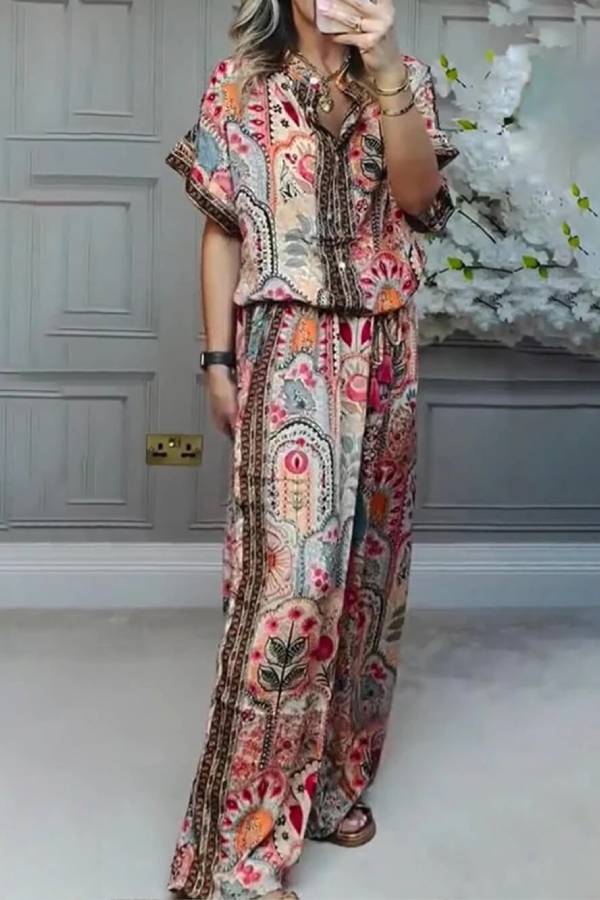 Boho Print Tassel Detail Casual Elastic Waist Pocket Wide-Leg Pants