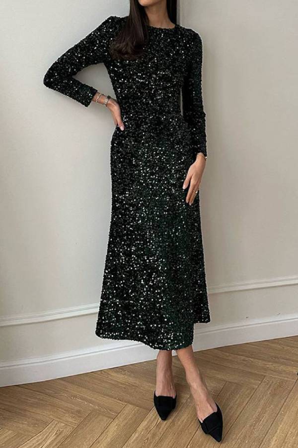 Sequined long-sleeved fishtail midi dress