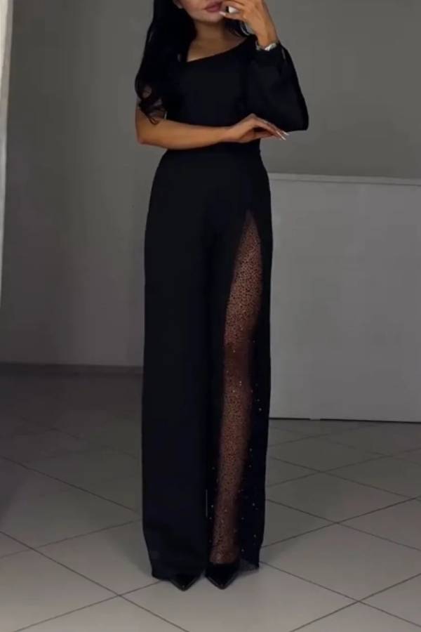 One-shoulder mesh slit wide-leg jumpsuit