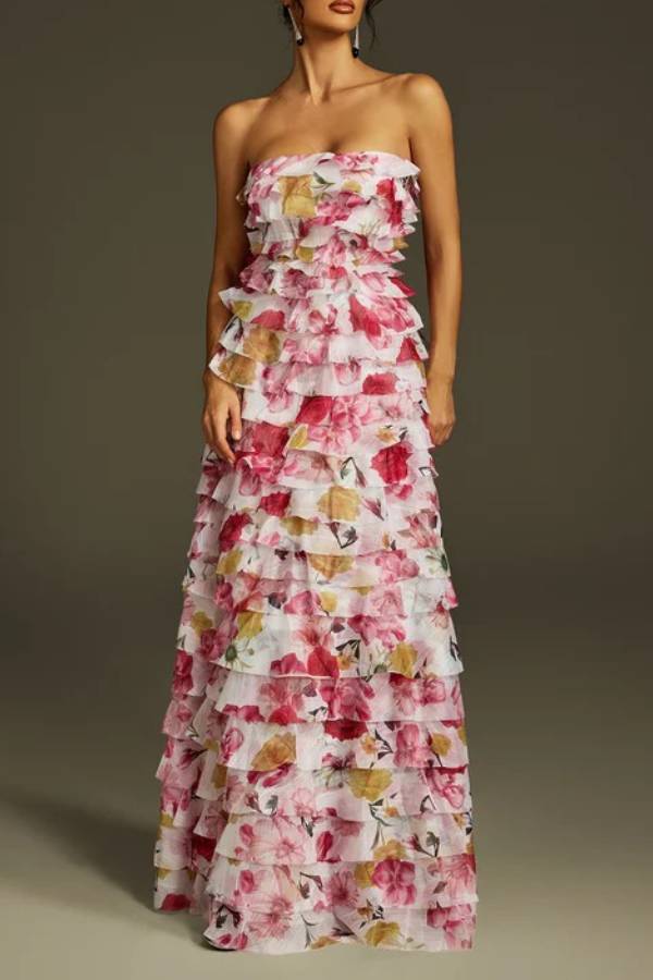 Solum Strapless Tiered Floral Maxi Dress