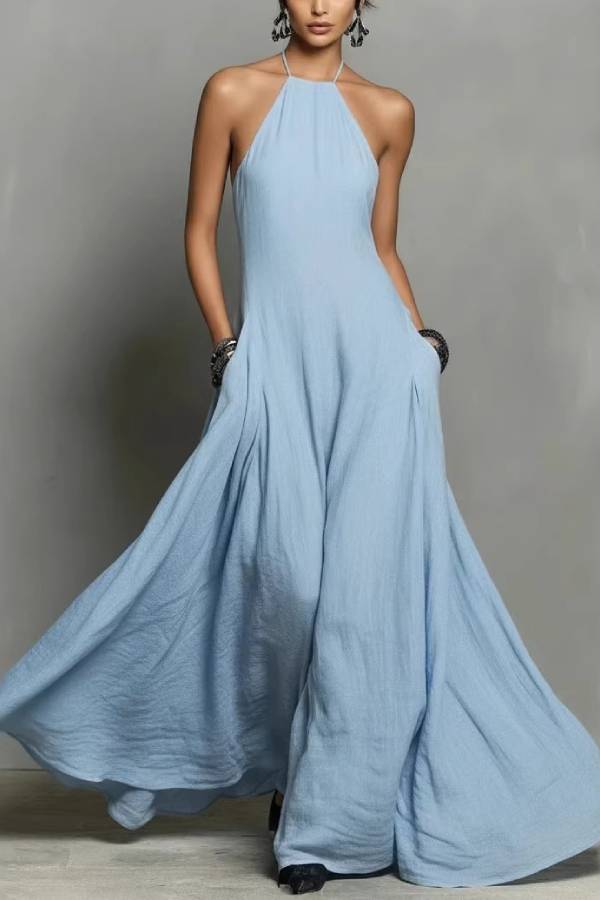 Multi-Color Halter Open-Back Textured Maxi Dress